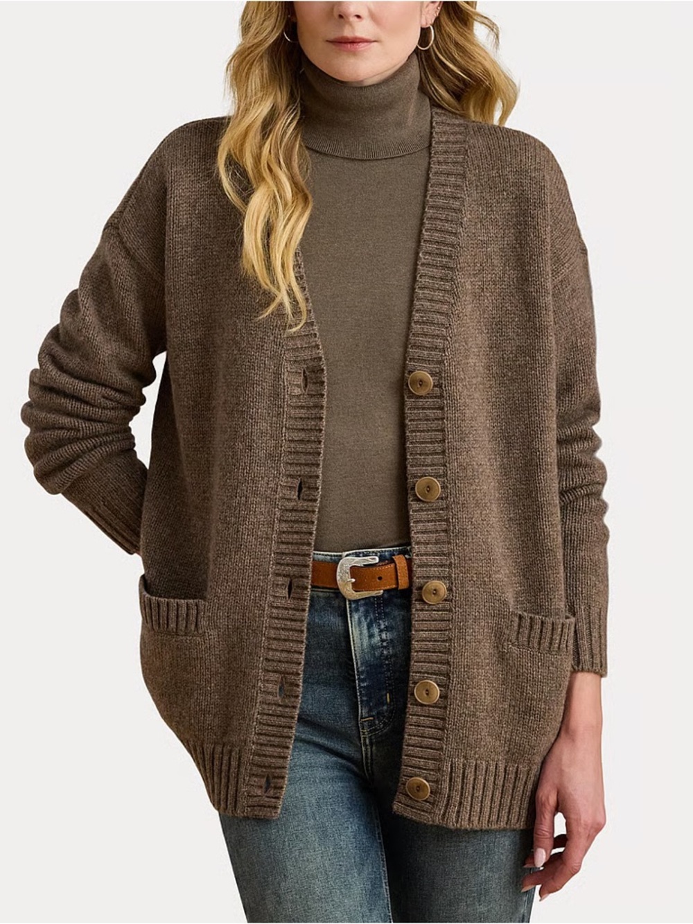 Lauren Ralph Brown V-Neck Button Front Sweater Wool V-Neck Cardigan - Picture 4 of 10